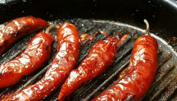 un' vicino su di un' padella di cucinato peperoni foto