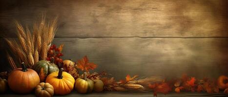 festivo autunno e contento ringraziamento arredamento a partire dal zucche, frutti di bosco e le foglie. ai generato. foto