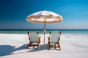 spiaggia sedie e ombrello su un' bianca sabbioso spiaggia. generativo ai foto