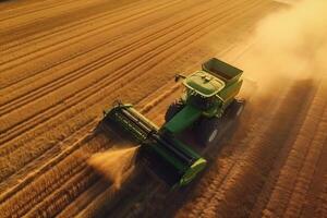 ai generato. aereo Visualizza di combinare mietitore nel verde campo. moderno agricoltura tecnologia a opera. vero foto cattura efficienza e produttività.