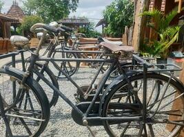 vecchio arrugginito bicicletta dettaglio. vecchio bicicletta, guida catena, ruota, ruggine. blu bicicletta. seppia tua. seppia ontel. foto