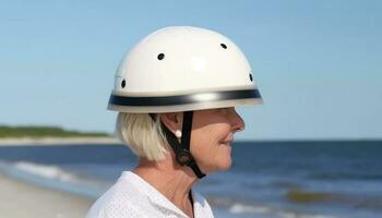 uno donna sorridente, guardare lontano, indossare blu gli sport casco all'aperto generato di ai foto