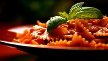 salutare vegetariano pasta pasto con fresco pomodoro e erba salsa generato di ai foto