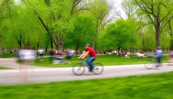 uomini Ciclismo nel natura, sfocato movimento, velocità, salutare stile di vita generato di ai foto