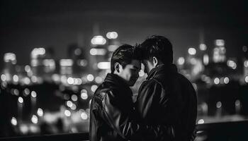 giovane coppia Abbracciare una persona sotto strada leggero nel città a crepuscolo generato di ai foto