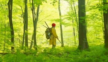 uno persona escursioni a piedi attraverso tranquillo foresta, godendo ambientale conservazione generato di ai foto