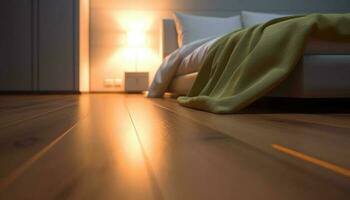 confortevole moderno Camera da letto con elegante arredamento e naturale illuminazione generato di ai foto