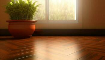 moderno appartamento con legno duro pavimentazione, pianta arredamento e luce del sole generato di ai foto