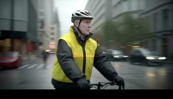 giovane adulto ciclista coraggiosi pioggia e traffico nel città commutare generato di ai foto