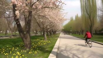Ciclismo attraverso ciliegia fiorire alberi, godendo il bellezza nel natura generato di ai foto