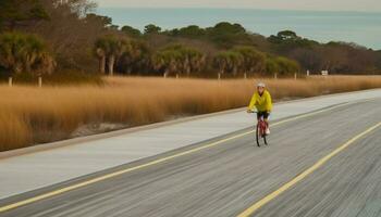 uno persona Ciclismo all'aperto, un' salutare stile di vita e avventura ricerca generato di ai foto