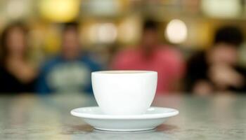 caffè negozio gruppo gode fresco cappuccini, sorrisi e rilassamento generato di ai foto