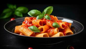 salutare vegetariano pasta pasto con fresco pomodoro e erba salsa generato di ai foto