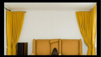 confortevole moderno vivente camera con elegante arredamento e giallo Accenti generato di ai foto