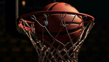 pallacanestro palla dribbling attraverso pallacanestro cerchio nel competitivo sport successo generato di ai foto