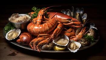 fresco frutti di mare piatto grigliato aragosta, al vapore granchio, e bollito gamberetto generato di ai foto