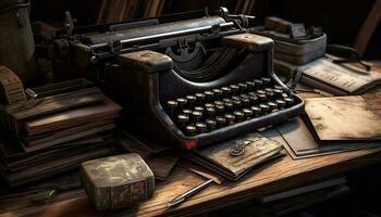 antico macchina da scrivere su rustico scrivania evoca nostalgia per obsoleto tecnologia generato di ai foto
