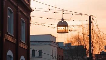 indietro illuminato tramonto si illumina vecchio architettura nel paesaggio urbano silhouette generato di ai foto