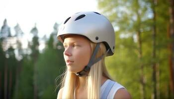 sorridente giovane adulto gode all'aperto avventura con gli sport casco generato di ai foto