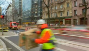 guida uomini corsa attraverso città traffico nel costruzione industria servizio generato di ai foto