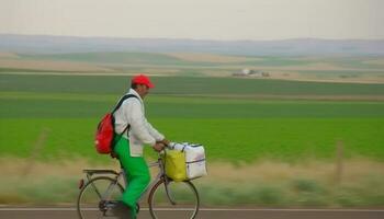 uno adulto motociclista Ciclismo attraverso rurale paesaggio, trasporto zaino generato di ai foto