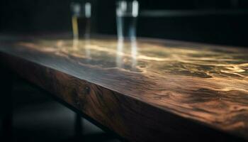 bagnato legna tavola riflette brillante metallo attrezzatura su tavolo superficie generato di ai foto