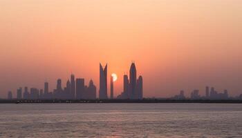 moderno dubai orizzonte riflette su lungomare a crepuscolo, illuminato giallo generato di ai foto