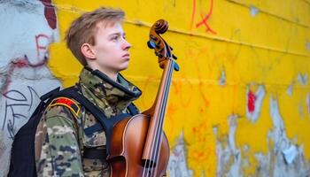 caucasico musicista giocando chitarra all'aperto, circondato di natura e ragazzi generato di ai foto