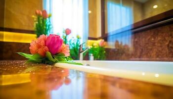 fresco tulipani nel un' vaso su un' di legno tavolo in casa generato di ai foto