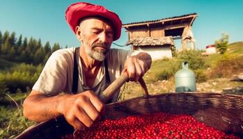 uno uomo raccolta maturo frutta nel un' rurale azienda agricola paesaggio generato di ai foto