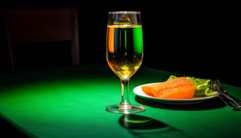 fresco verde uva nel un' trasparente bicchiere di vino, elegante ancora vita generato di ai foto