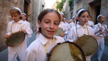 sorridente scuola bambini giocando percussione strumenti a tradizionale Festival generato di ai foto