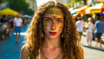 giovane adulti nel tradizionale capi di abbigliamento celebrare Festival con viso dipingere generato di ai foto