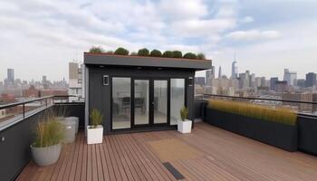 moderno grattacielo design con balcone prospiciente panoramico paesaggio urbano Visualizza generato di ai foto