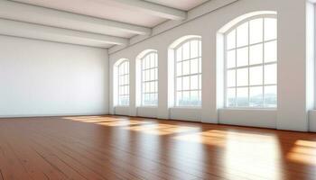 moderno vuoto soffitta appartamento con luminosa parquet pavimentazione e pulito design generato di ai foto