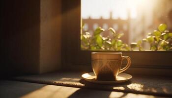 fresco caffè tazza su di legno finestra davanzale nel luce del sole splendore generato di ai foto