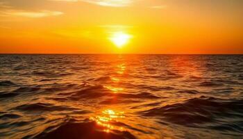 vivace tramonto al di sopra di tranquillo paesaggio marino, un' tropicale Paradiso per rilassamento generato di ai foto