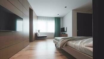 lusso Hotel suite con moderno disegno, confortevole biancheria da letto, e elegante arredamento generato di ai foto