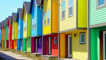 vivace colorato spiaggia capanne nel un' riga, divertimento estate vacanze generato di ai foto