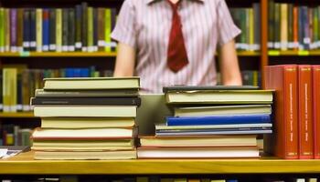 uno alunno studiando letteratura nel un' libreria circondato di libri di testo generato di ai foto