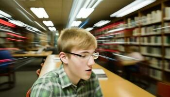 elementare alunno lettura prenotare, circondato di sfocato libreria e compagne di classe generato di ai foto