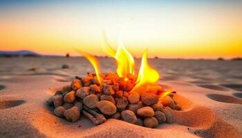 ardente falò su sabbioso spiaggia, raggiante arancia nel estate tramonto generato di ai foto
