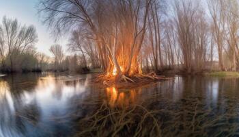 tranquillo scena di autunno paesaggio, giallo foglie, e riflessione generato di ai foto