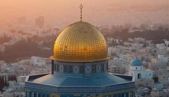 d'oro minareto brilla al di sopra di antico blu moschea a tramonto nel Istanbul generato di ai foto