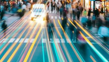 ore notturne corsa ora nel il città, sfocato movimento di mezzi di trasporto generato di ai foto