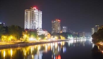 vivace città orizzonte illuminato di Multi colorato illuminazione attrezzatura a crepuscolo generato di ai foto