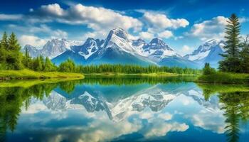 maestoso montagna gamma riflette nel tranquillo acqua, naturale bellezza abbonda generato di ai foto
