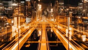 futuristico città orizzonte si accende vivace Multi colorato leggero sentieri a notte generato di ai foto