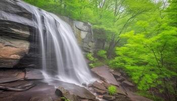 tranquillo scena di maestoso foresta, fluente acqua, e verde bellezza generato di ai foto