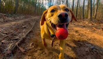 un' giocoso giallo cane da riporto cucciolo gode il all'aperto con amici generato di ai foto